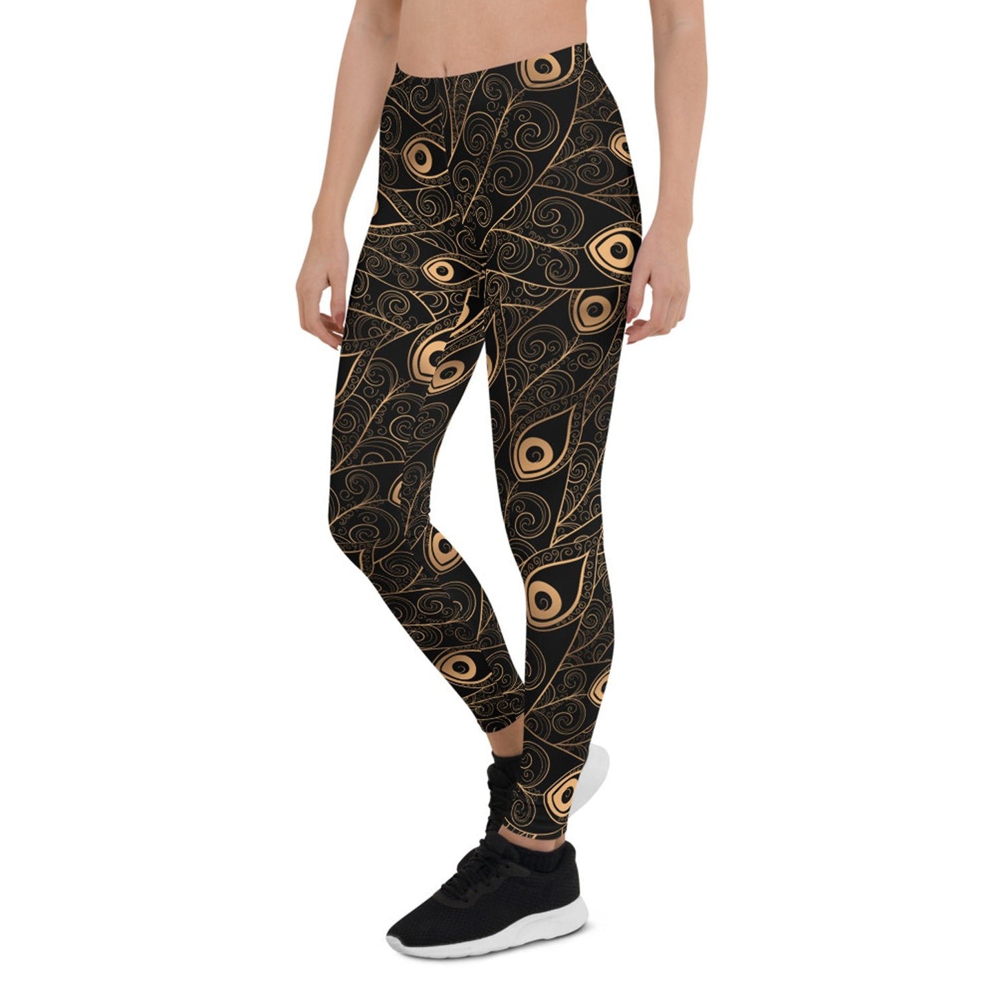 Art Deco Peacock Feather Black Leggings - giftsforintroverts.com