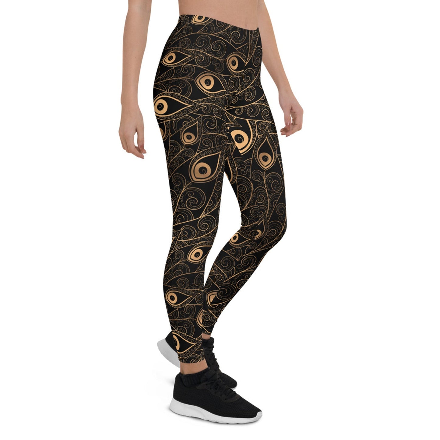 Art Deco Peacock Feather Black Leggings - giftsforintroverts.com