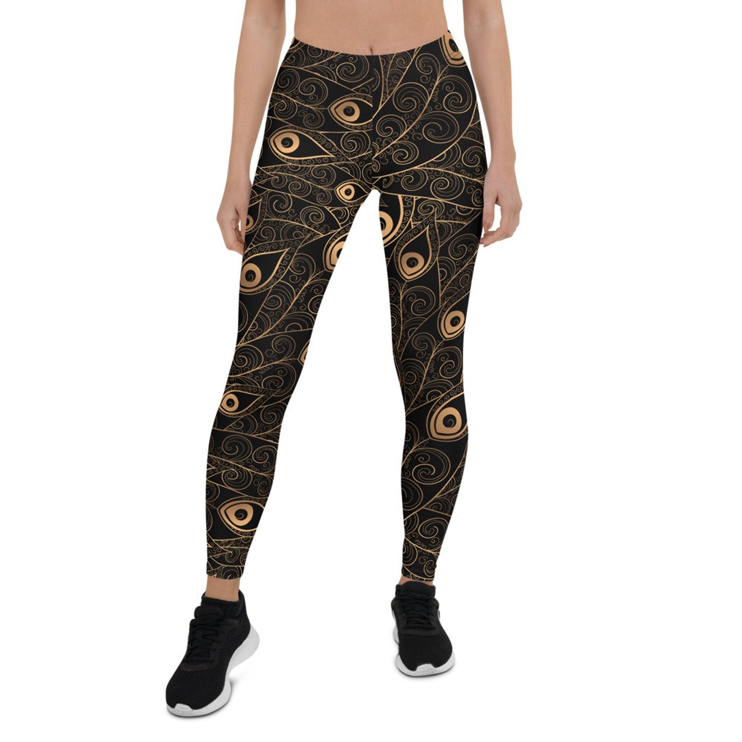 Art Deco Peacock Feather Black Leggings - giftsforintroverts.com