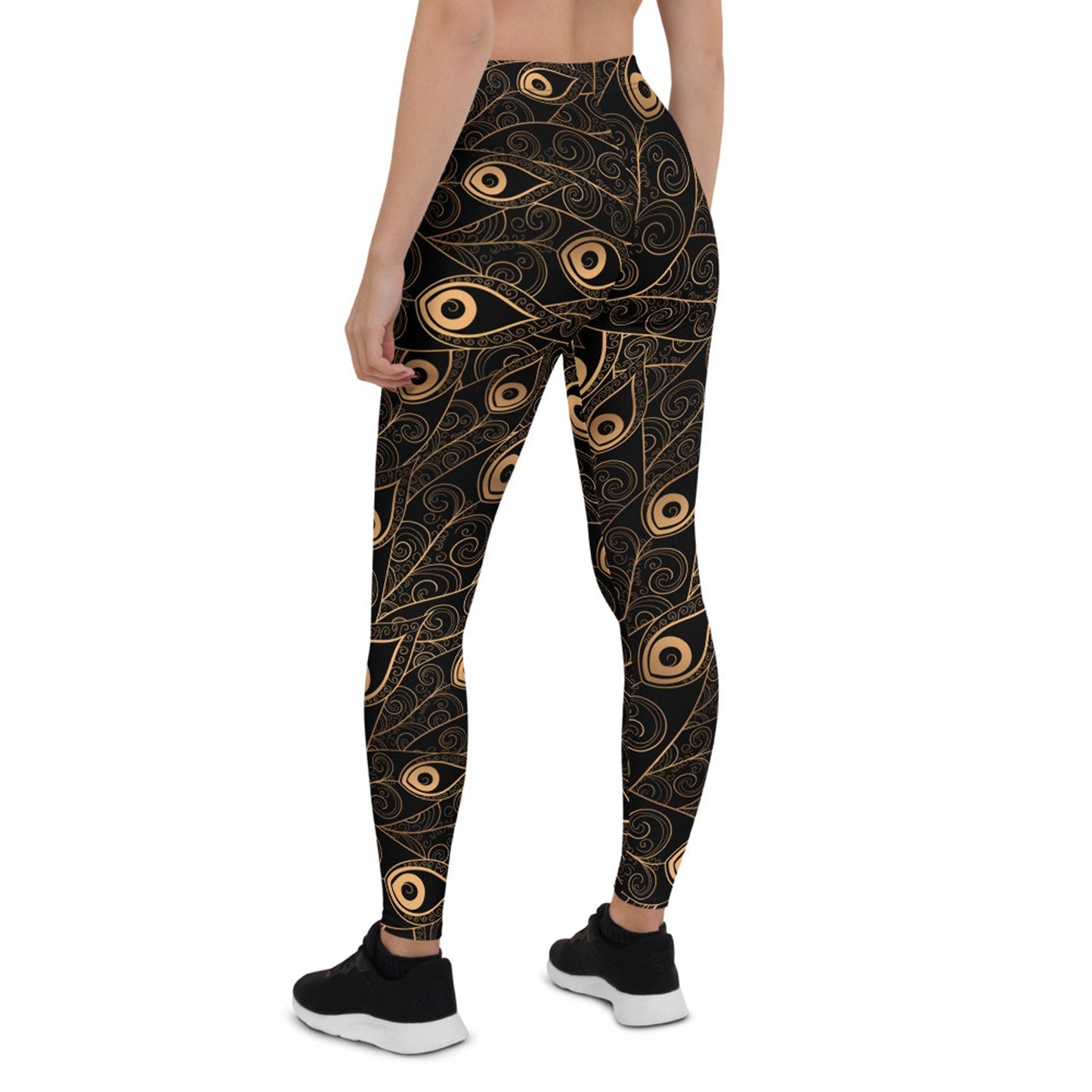 Art Deco Peacock Feather Black Leggings - giftsforintroverts.com