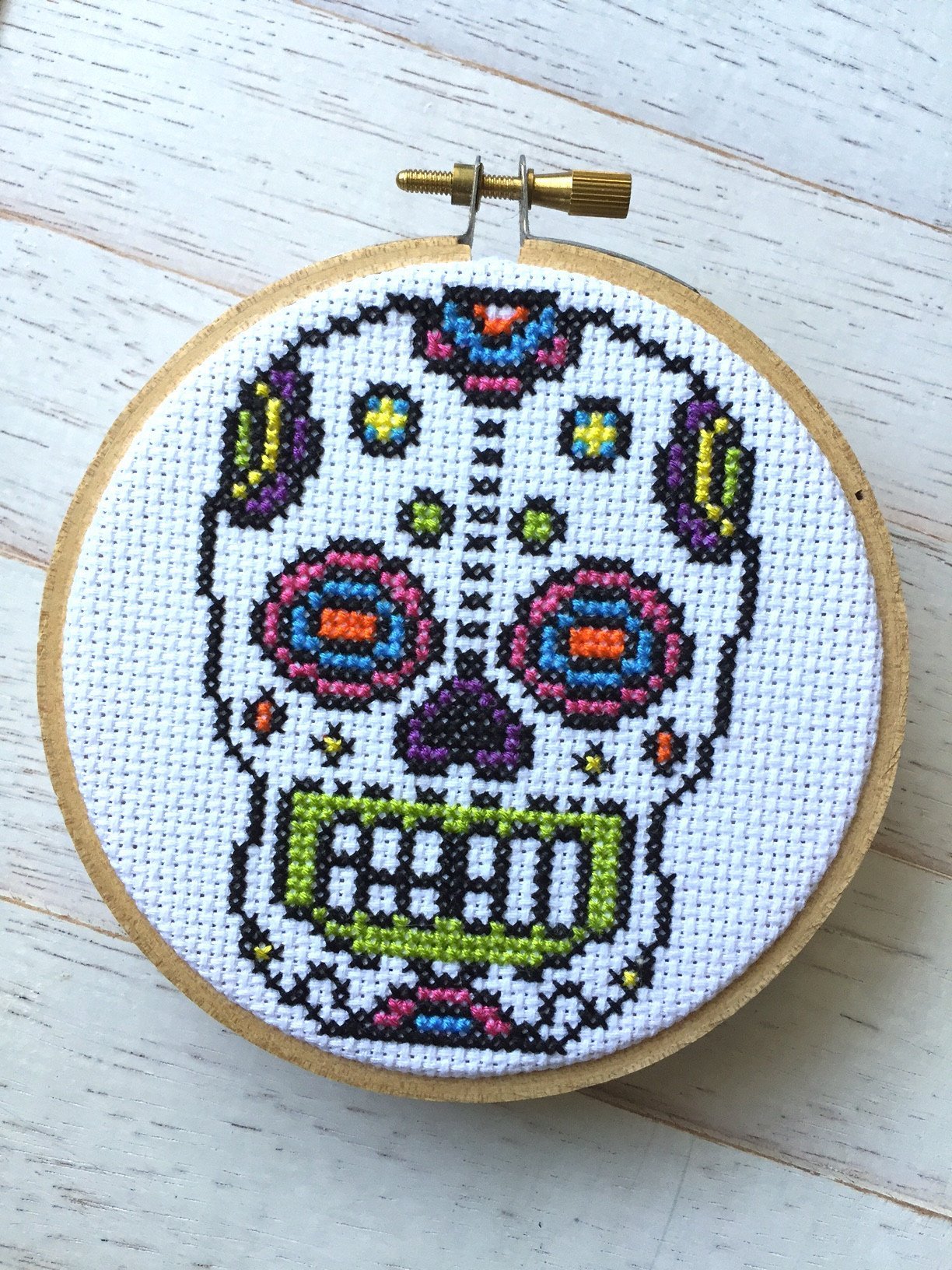 Bright Sugar Skull Counted Cross Stitch DIY KIT - giftsforintroverts.com