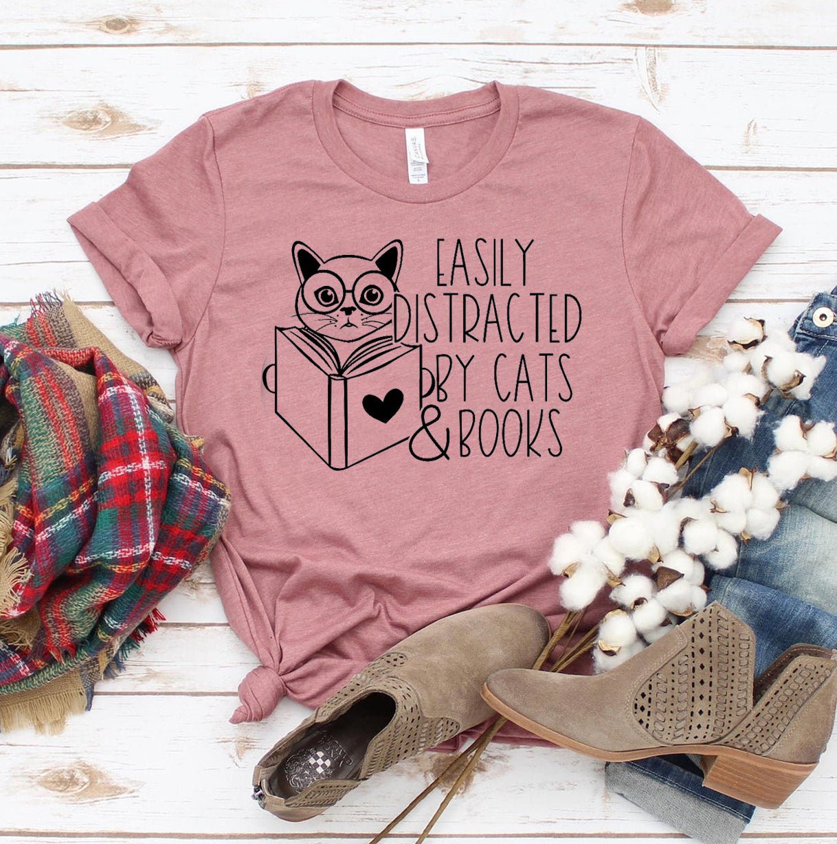 Easily Distracted By Cats & Books T-shirt - giftsforintroverts.com