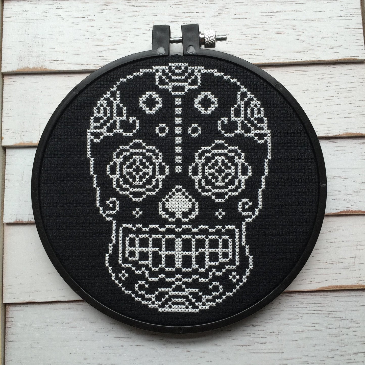 Sugar Skull White and Black Counted Cross Stitch DIY KIT - giftsforintroverts.com