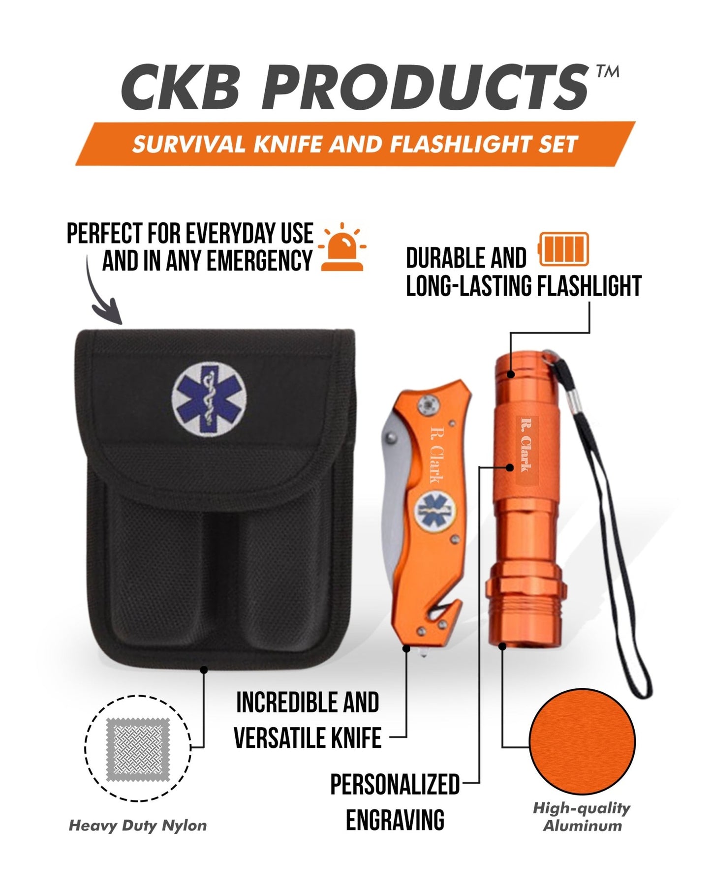 Survival Knife and Flashlight - Orange Finish - Emergency - LED Light - giftsforintroverts.com