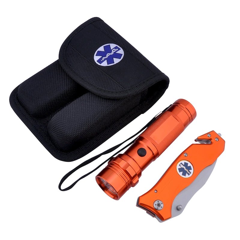 Survival Knife and Flashlight - Orange Finish - Emergency - LED Light - giftsforintroverts.com