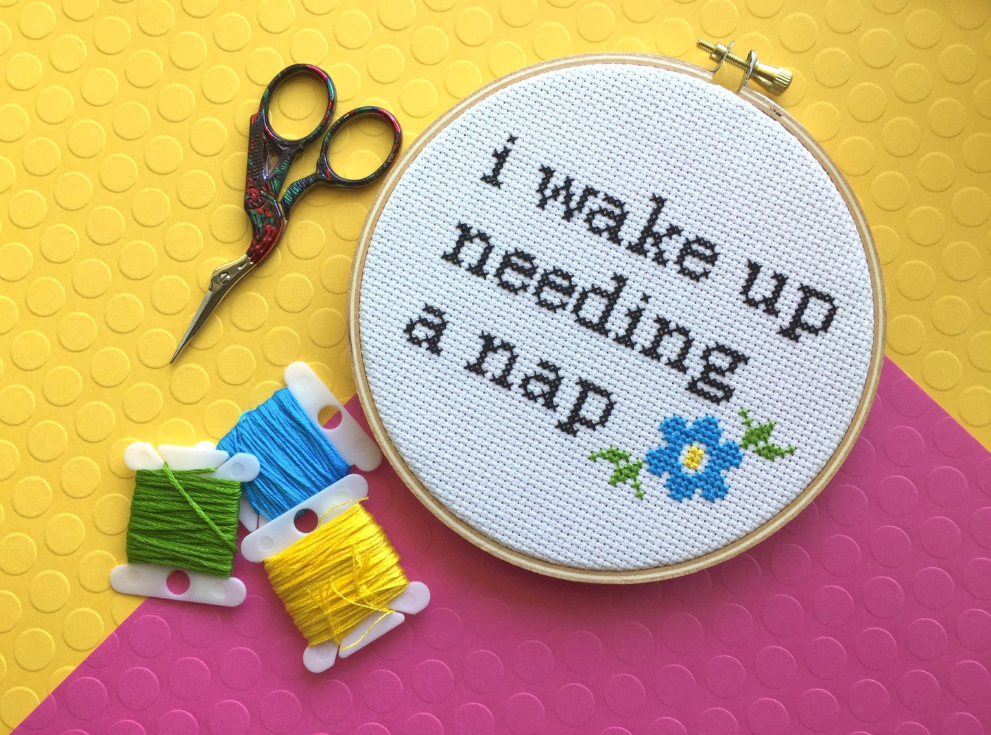 Wake Up Needing a Nap Counted Cross Stitch DIY KIT Intermediate - giftsforintroverts.com