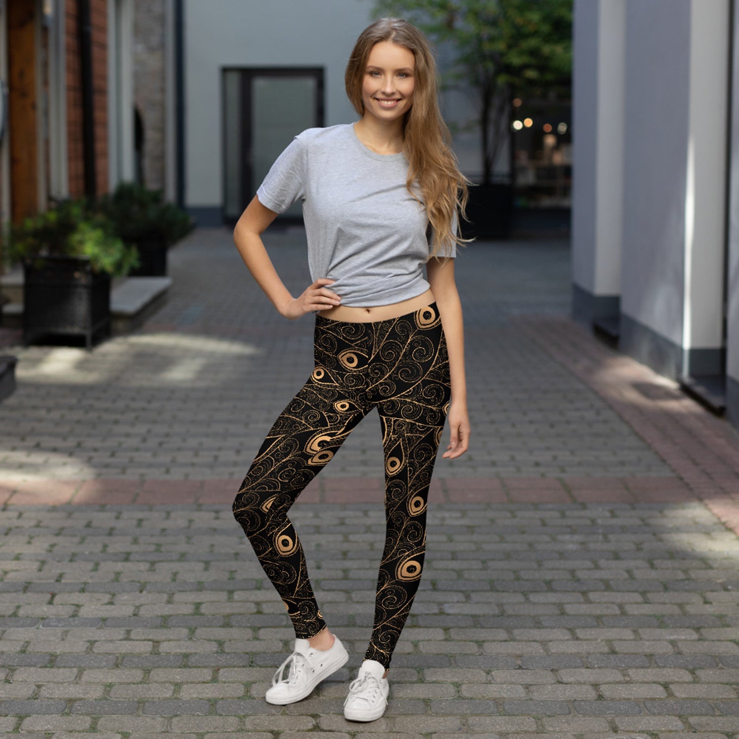 Art Deco Peacock Feather Black Leggings - giftsforintroverts.com