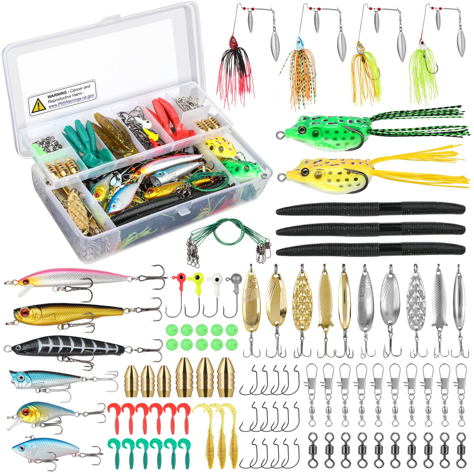 PLUSINNO Fishing Lures Baits Tackle Including Crankbaits, Spinnerbaits, Plastic Worms, Jigs, Topwater Lures, Tackle Box