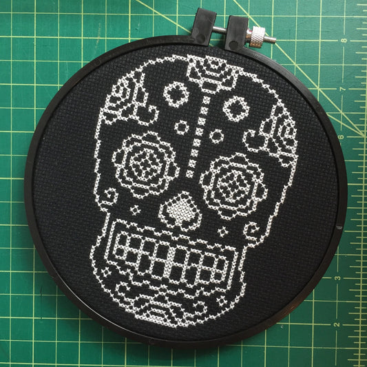 Sugar Skull White and Black Counted Cross Stitch DIY KIT - giftsforintroverts.com