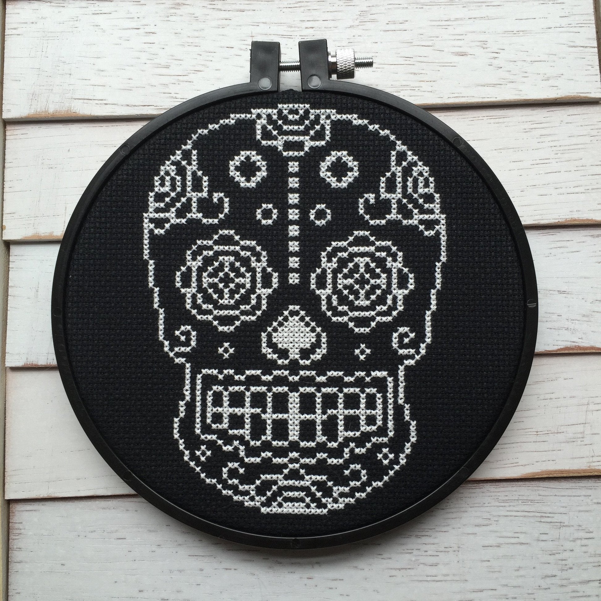 Sugar Skull White and Black Counted Cross Stitch DIY KIT - giftsforintroverts.com