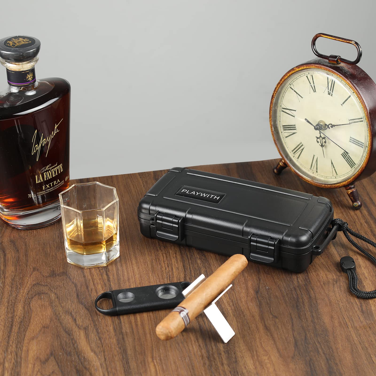 Travel Humidor Box With Cigar Accessories - Spanish Cedar, Humidifier, Cutter, Stand, Punch - Holds 4-5 Cigars