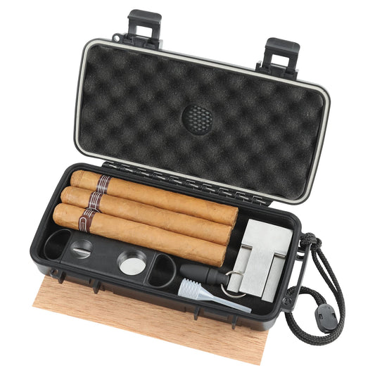 Travel Humidor Box With Cigar Accessories - Spanish Cedar, Humidifier, Cutter, Stand, Punch - Holds 4-5 Cigars