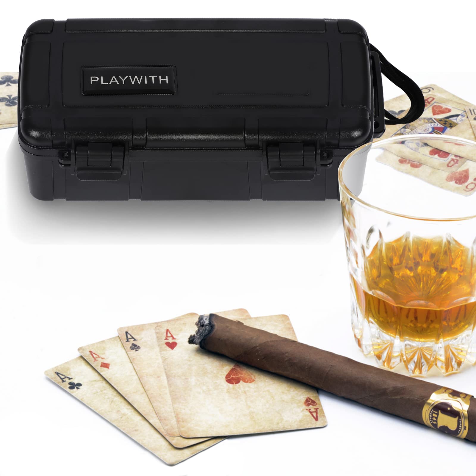 Travel Humidor Box With Cigar Accessories - Spanish Cedar, Humidifier, Cutter, Stand, Punch - Holds 4-5 Cigars