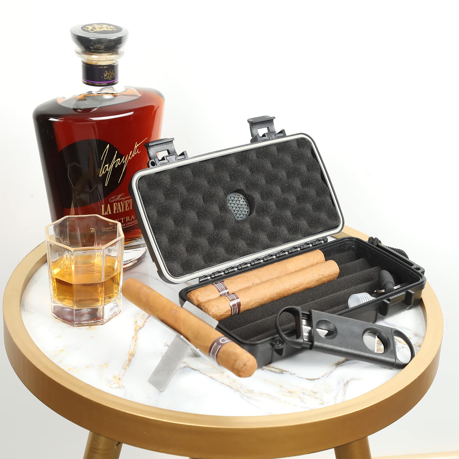 Travel Humidor Box With Cigar Accessories - Spanish Cedar, Humidifier, Cutter, Stand, Punch - Holds 4-5 Cigars
