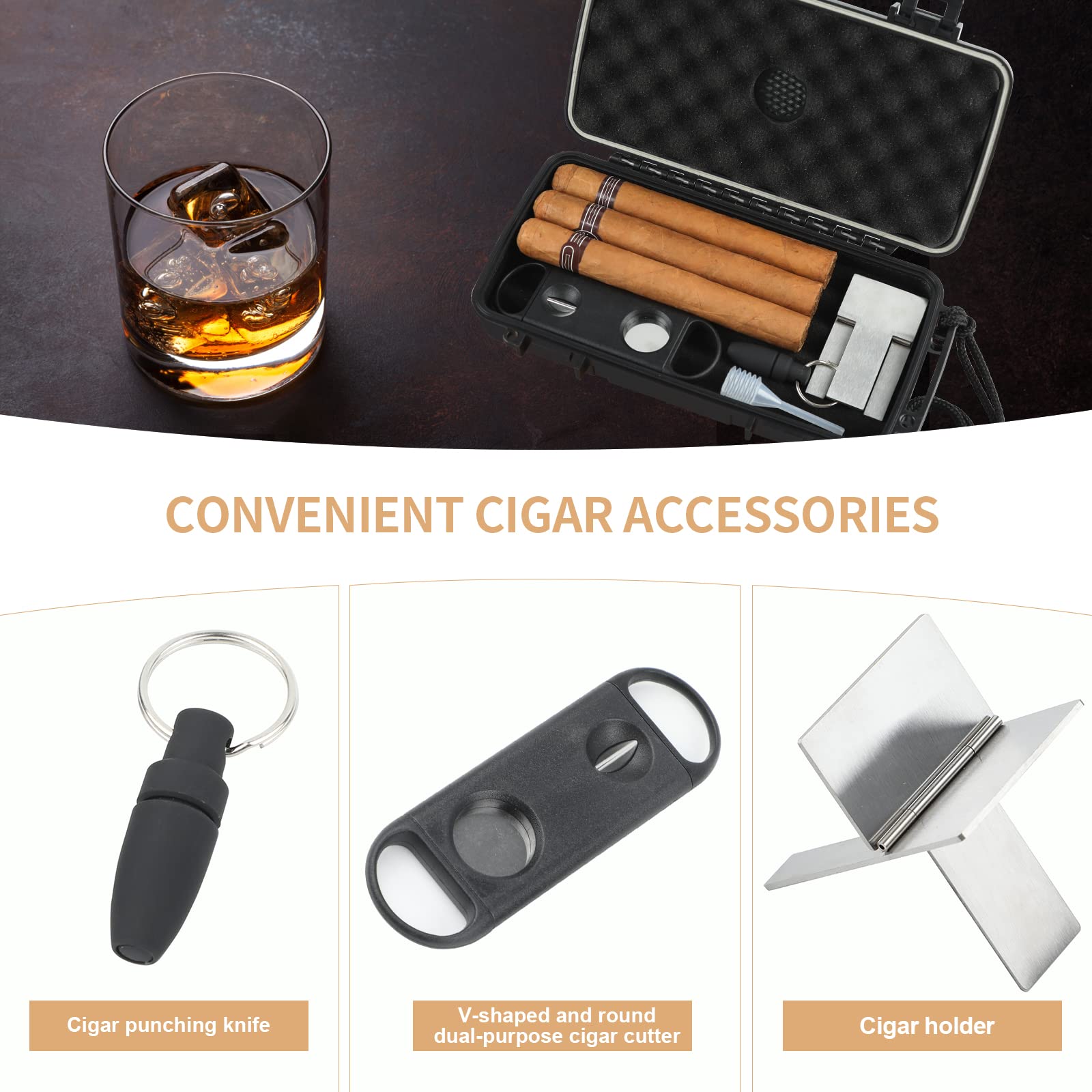 Travel Humidor Box With Cigar Accessories - Spanish Cedar, Humidifier, Cutter, Stand, Punch - Holds 4-5 Cigars