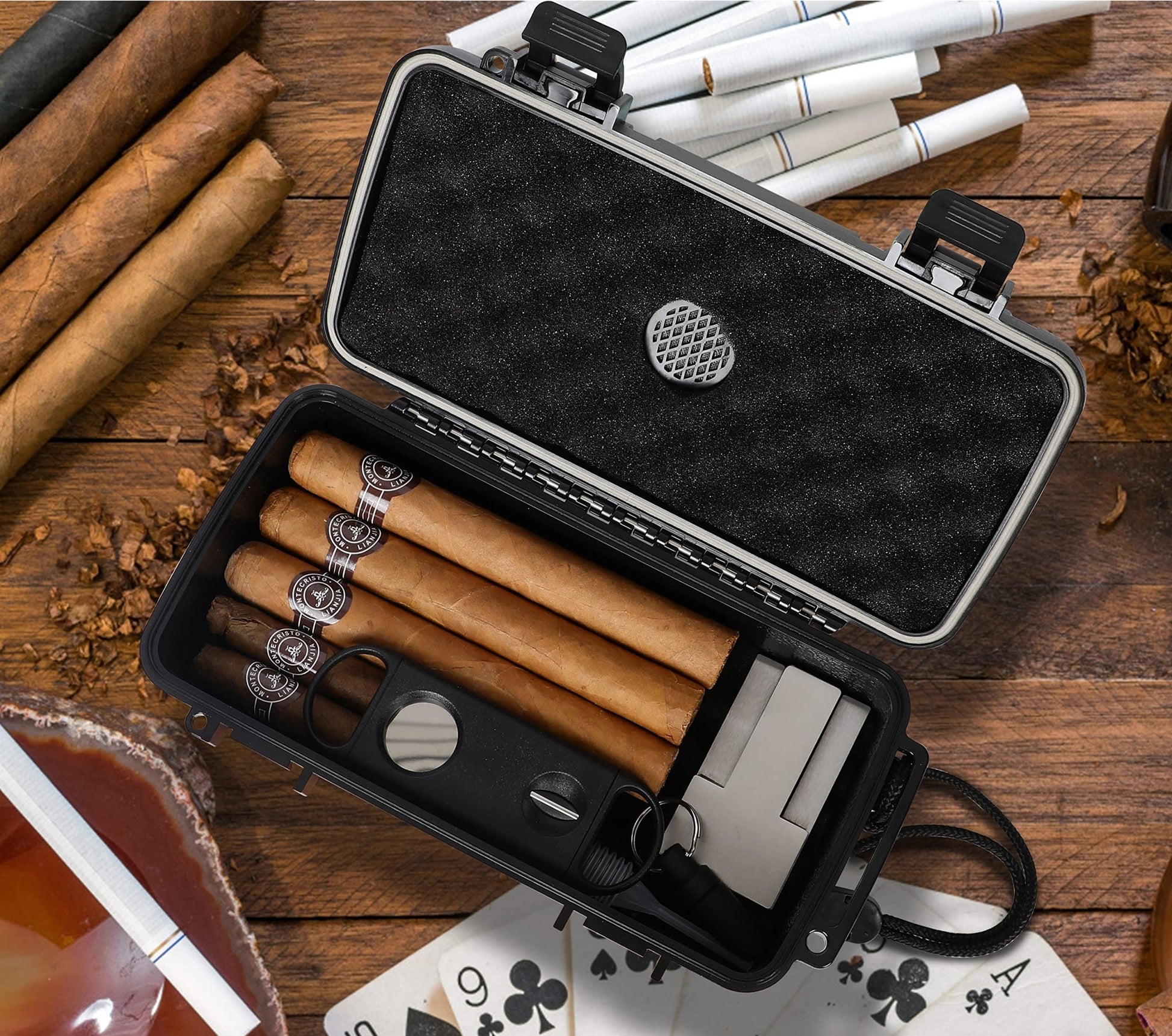 Travel Humidor Box With Cigar Accessories - Spanish Cedar, Humidifier, Cutter, Stand, Punch - Holds 4-5 Cigars