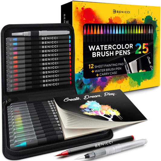 Watercolor Brush Pens Set of 25 Colors - Water Color Caligraphy & Painting Kit - introvertgiftboxes.com